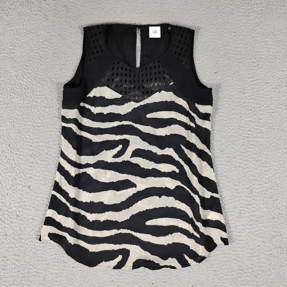 Cabi Tivoli Tank Top Womens SM Black Beige Zebra Print Sheer Keyhole Back Casual